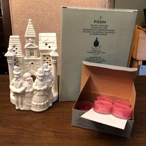 Partylite White Ceramic Village Carolers Candle Holder with Rose Tea Lights